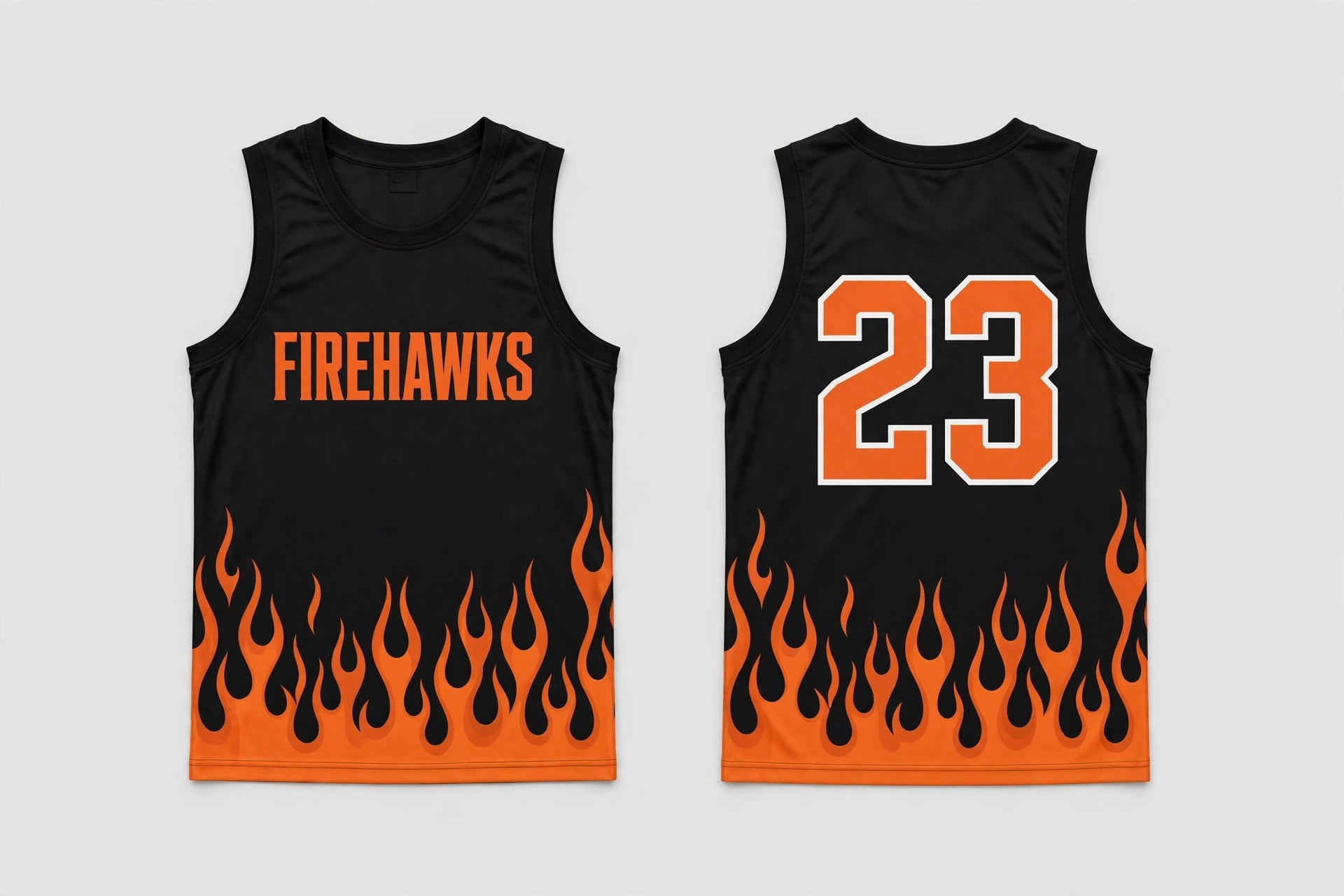 AI-designed black and orange flame basketball jersey